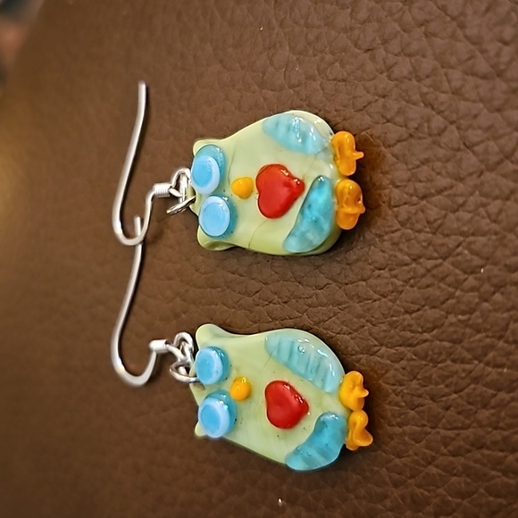 3/$30 Whimsical Green Glass Owl Fairycore Dangle Hook Earrings - Picture 3 of 4